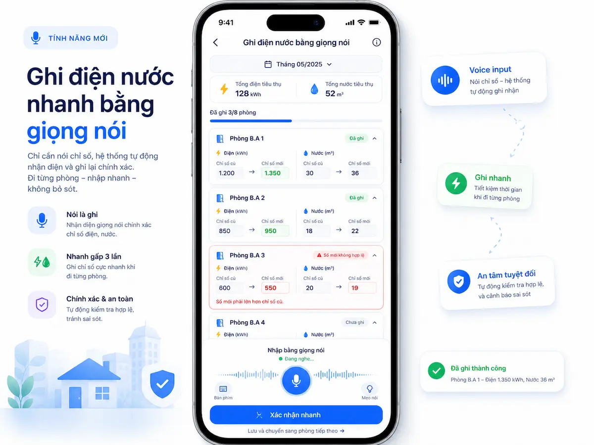 Ghi chỉ số điện nước trong EasyTro hàng tháng