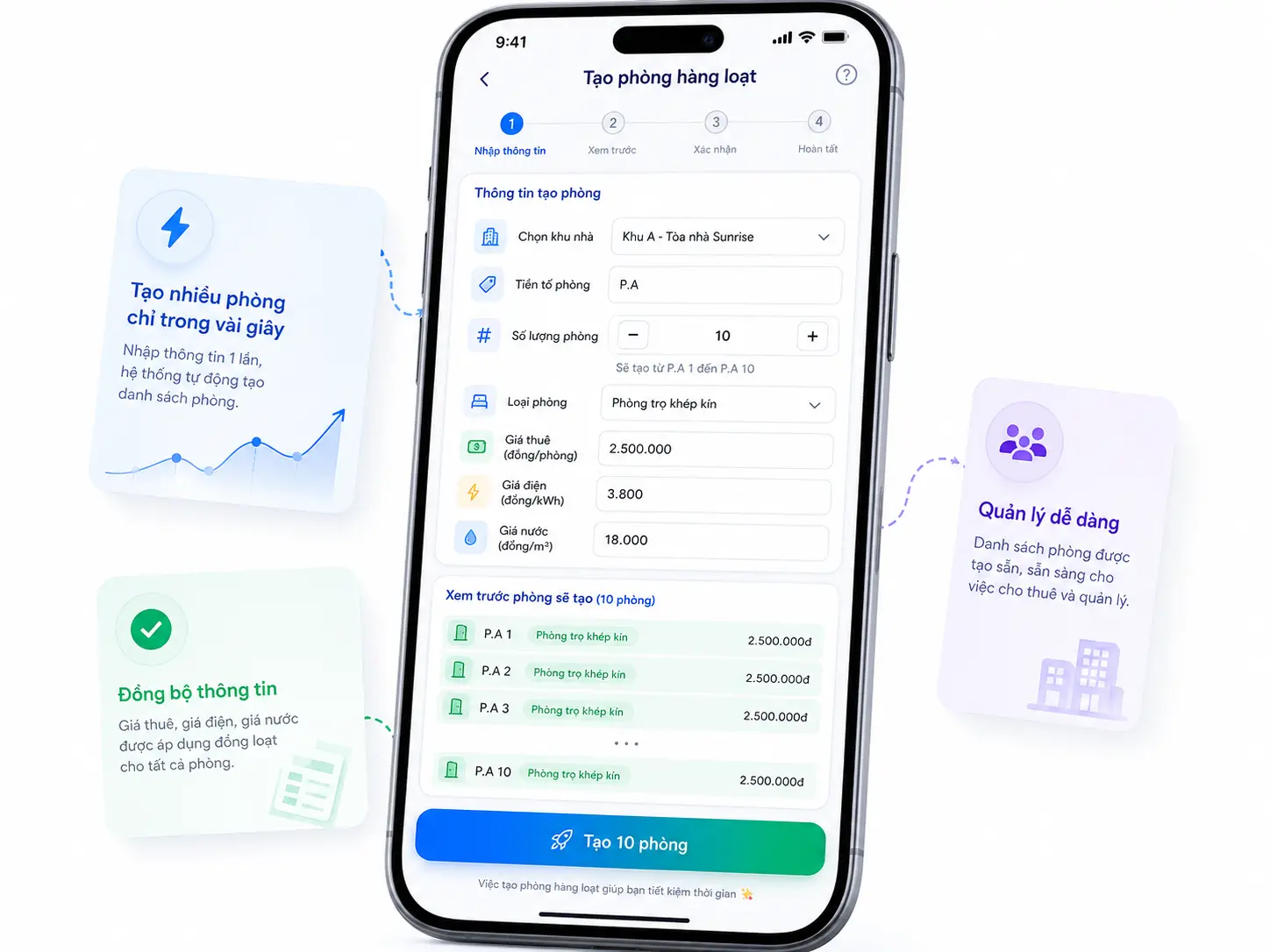 Tính năng thiết lập tạo phòng trọ nhanh hàng loạt trong EasyTro