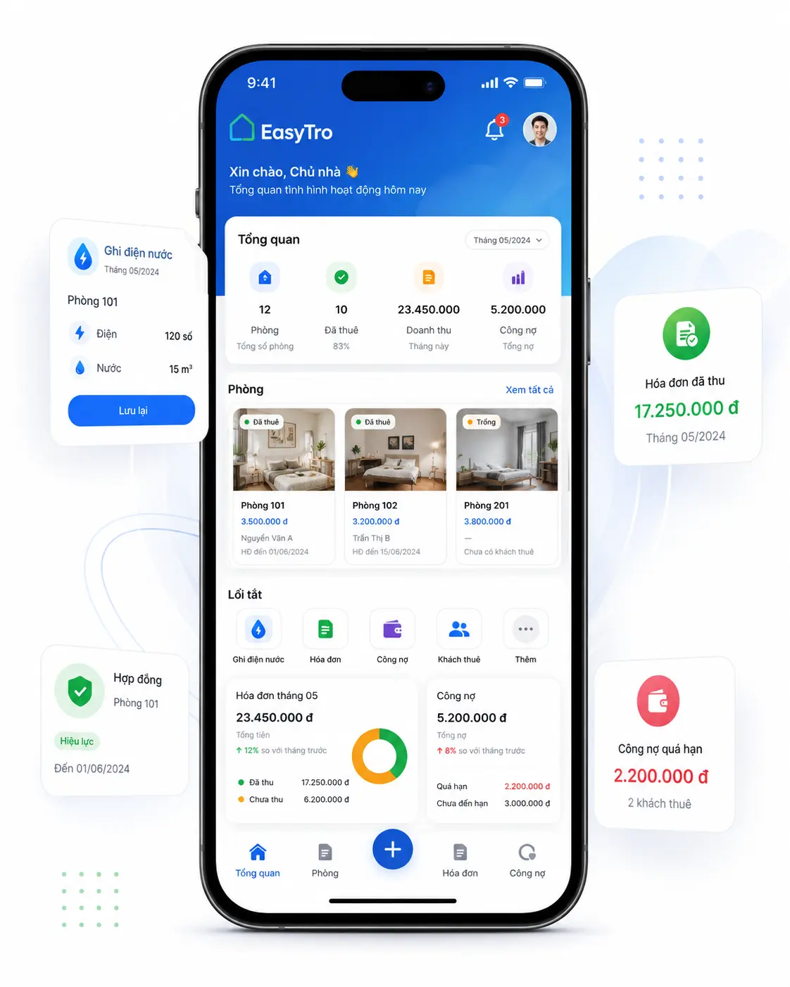 Giao diện EasyTro phần mềm quản lý nhà trọ trên màn hình điện thoại